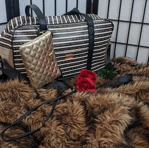 Betsey Johnson black and white striped gold weekender bag 3-in-1